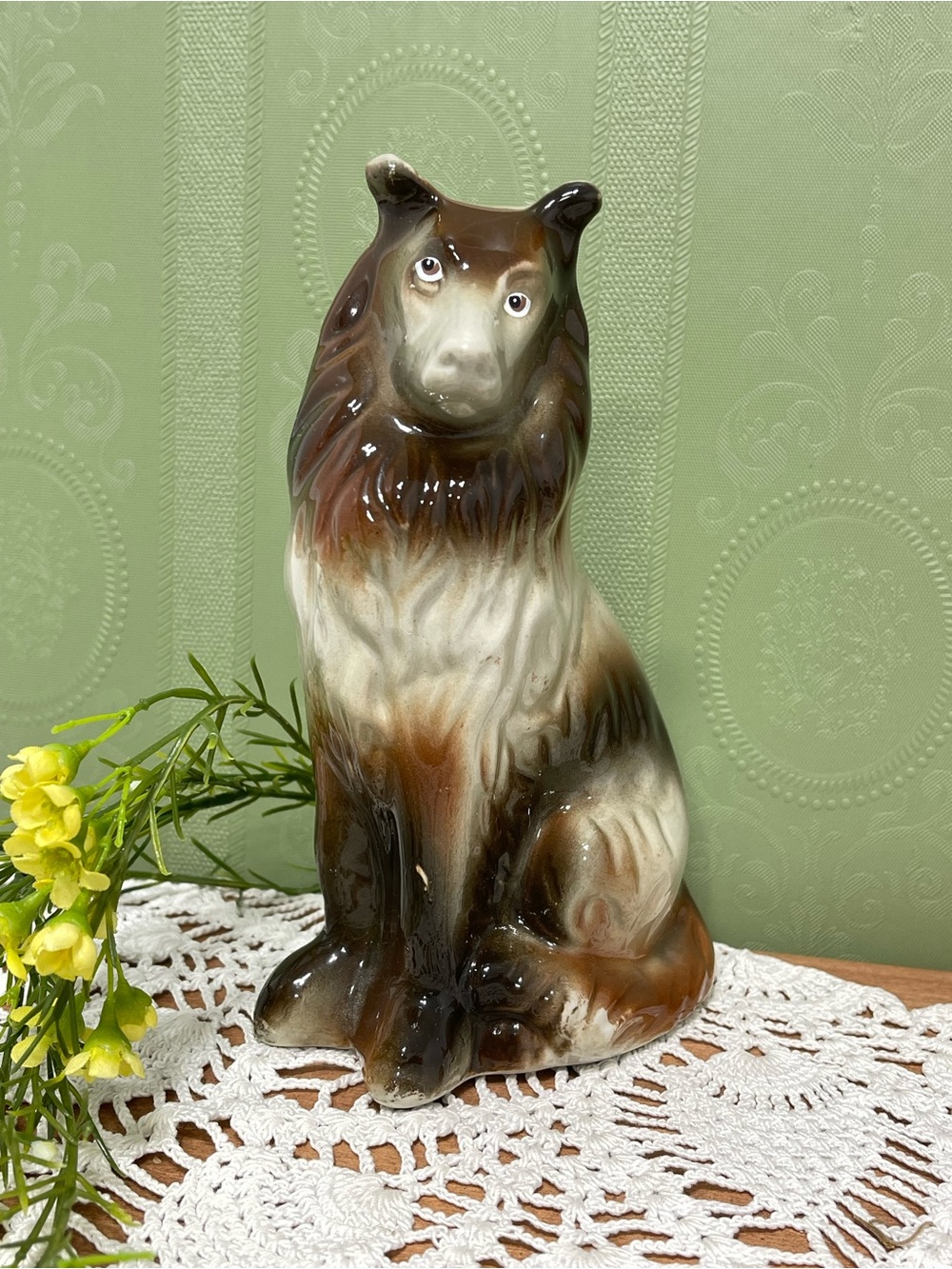 Ceramic Collie Dog Figurine in Brown and White